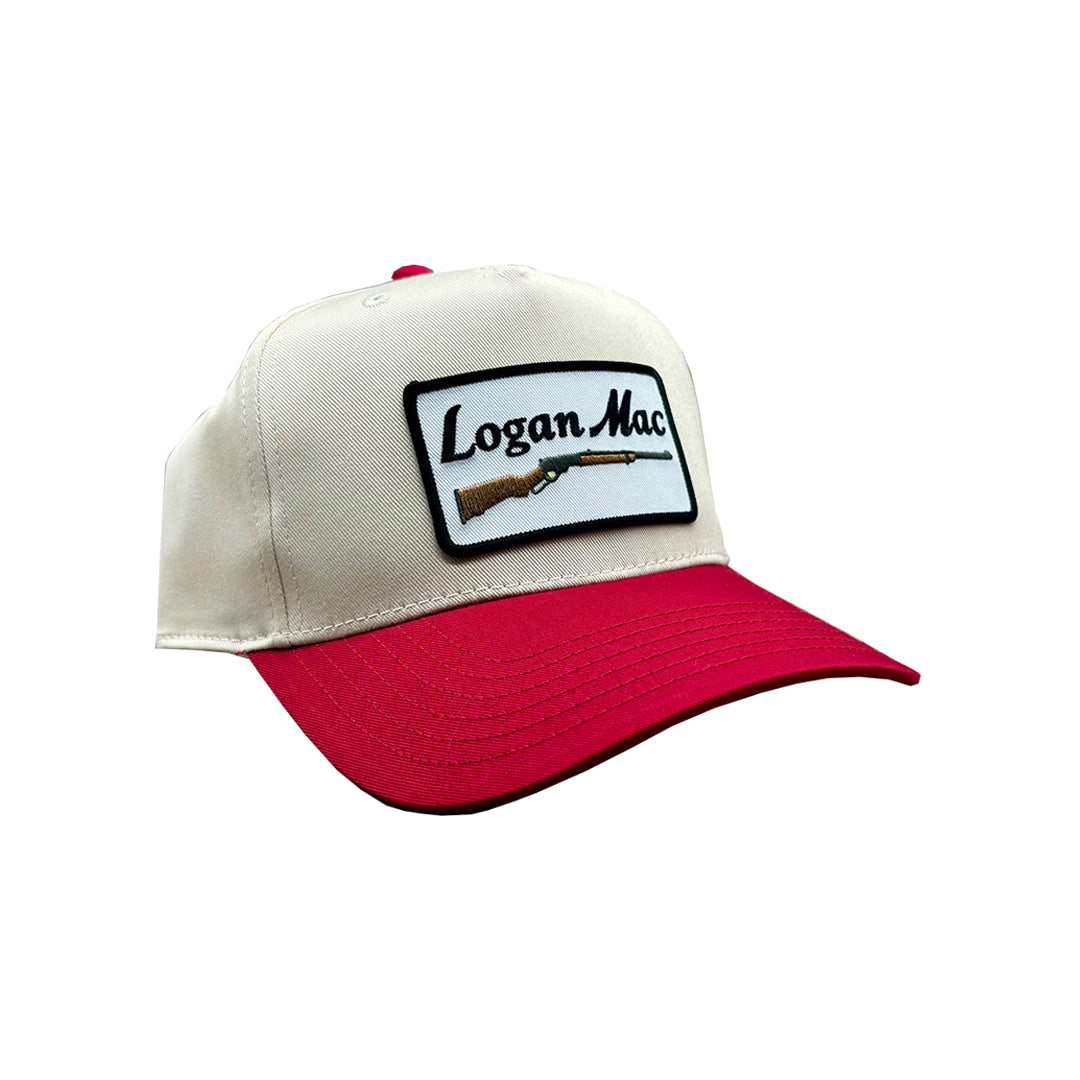 tan/red patch hat